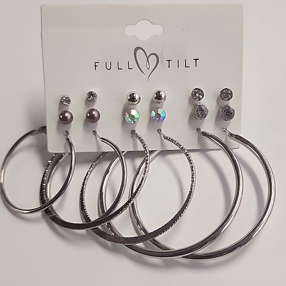 Full Tilt Earring Set Hoops and Stud Silver Tone Womens Teens Jewelry